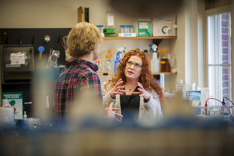 A professor speaks with an undergraduate research in her lab.